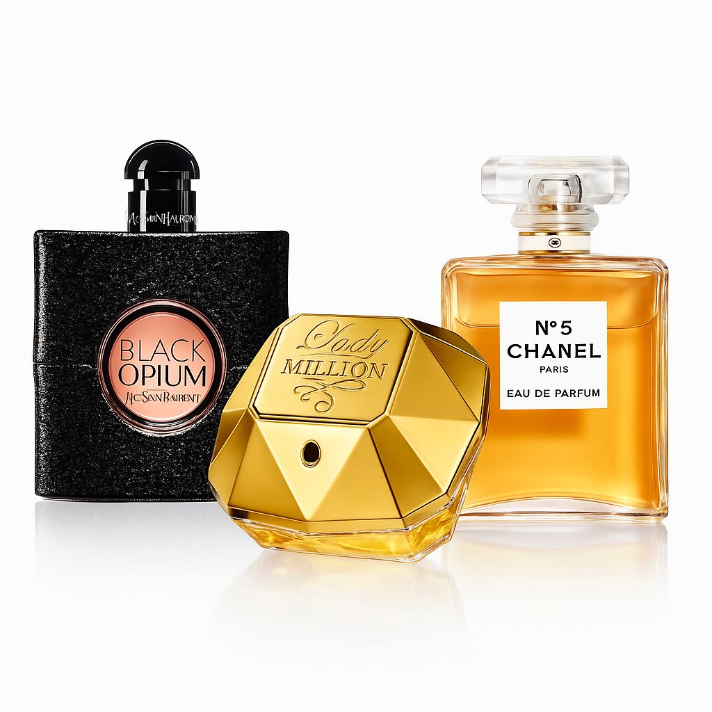 ✨Trío Lujo en la Piel – Black Opium, Lady Million &amp; Chanel Nº5 + Splash Victoria's Secret de Regalo 🎁 